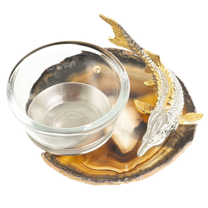 Икорница с декором "Стерлядка" с гравировкой на подставке из натурального камня Агат Decorative Cavair Dishes