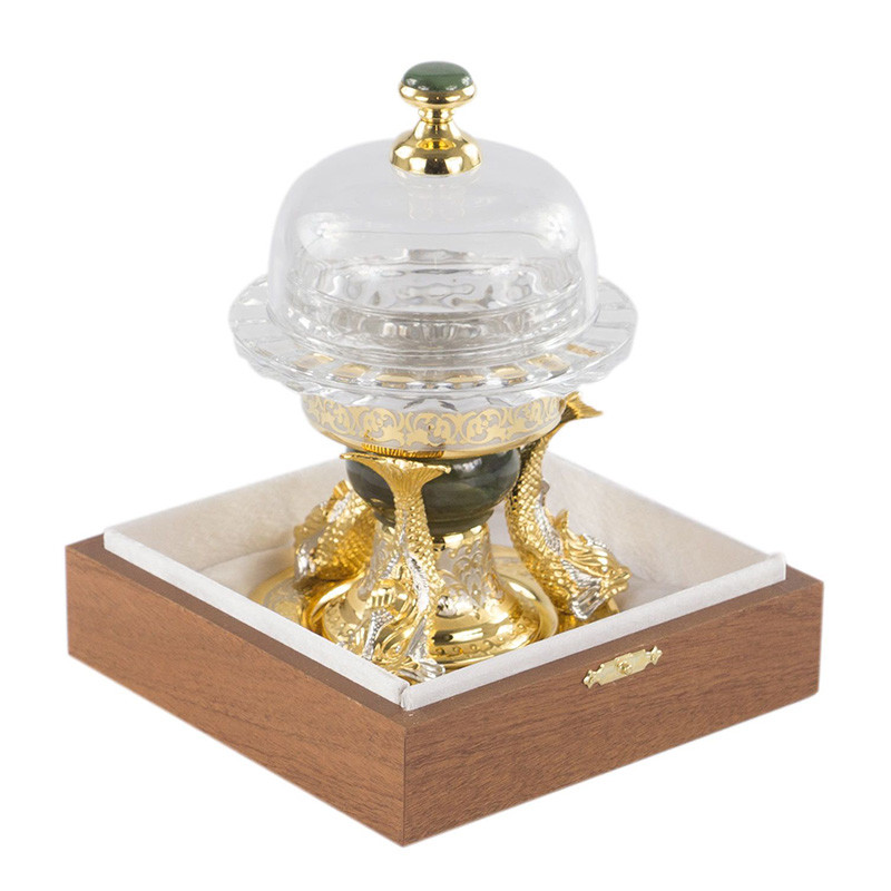 Икорница с декором "Три рыбки" с гравировкой и натуральным камнем Нефрит Decorative Cavair Dishes