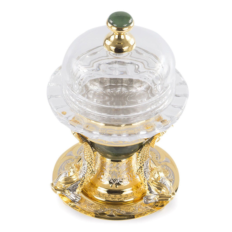 Икорница с декором "Три рыбки" с гравировкой и натуральным камнем Нефрит Decorative Cavair Dishes