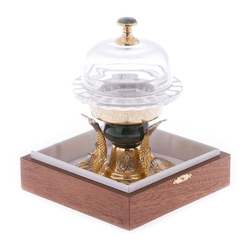 Икорница с декором "Три рыбки" с гравировкой и натуральным камнем Нефрит Decorative Cavair Dishes