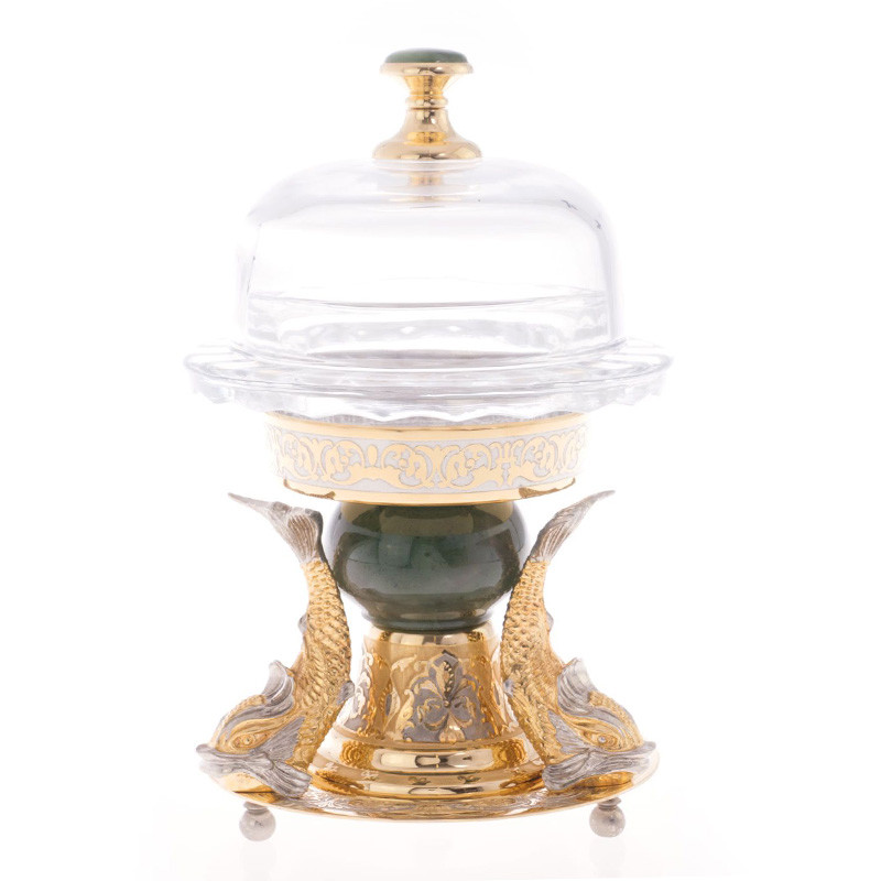 Икорница с декором "Три рыбки" с гравировкой и натуральным камнем Нефрит Decorative Cavair Dishes