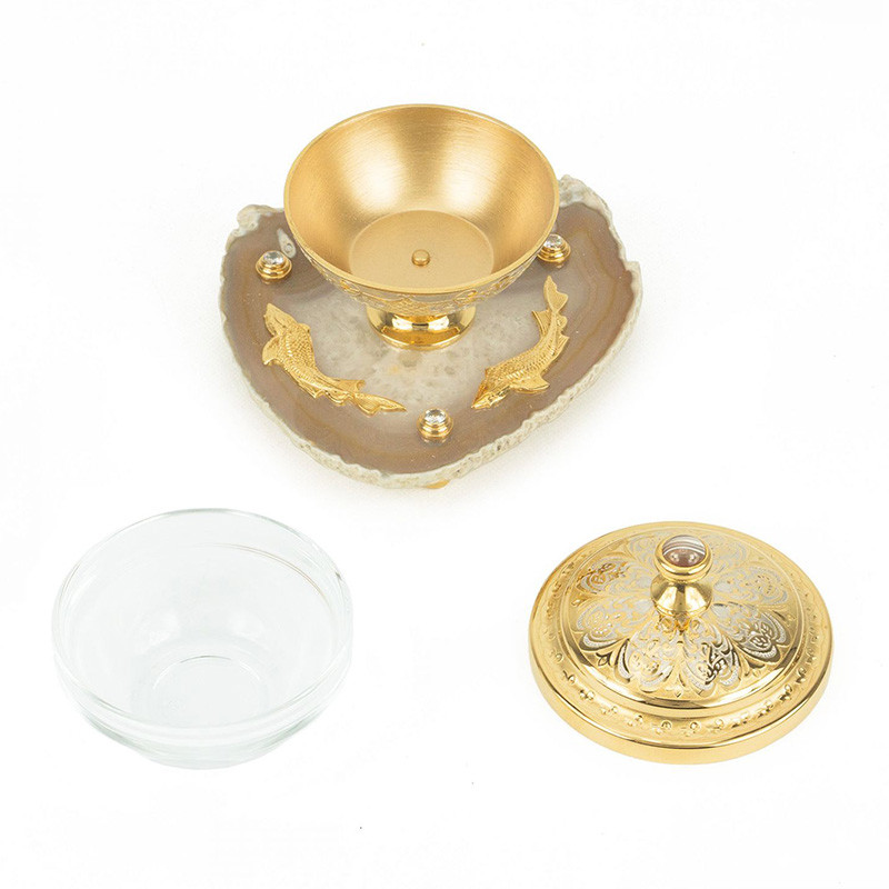 Икорница с декором "Три рыбки" с гравировкой на подставке из натурального камня Агат Decorative Cavair Dishes