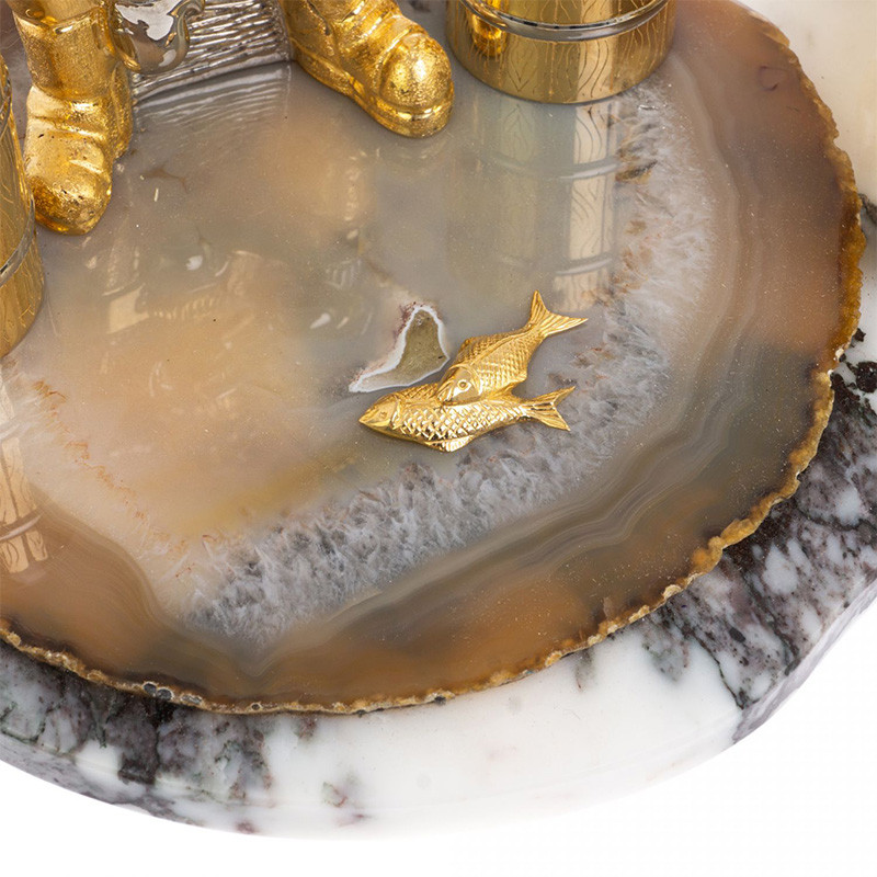 Икорница со стопками с декором "Рыбак с санями" с гравировкой на подставке из натуральных камней Агат Мрамор Decorative Cavair Dishes