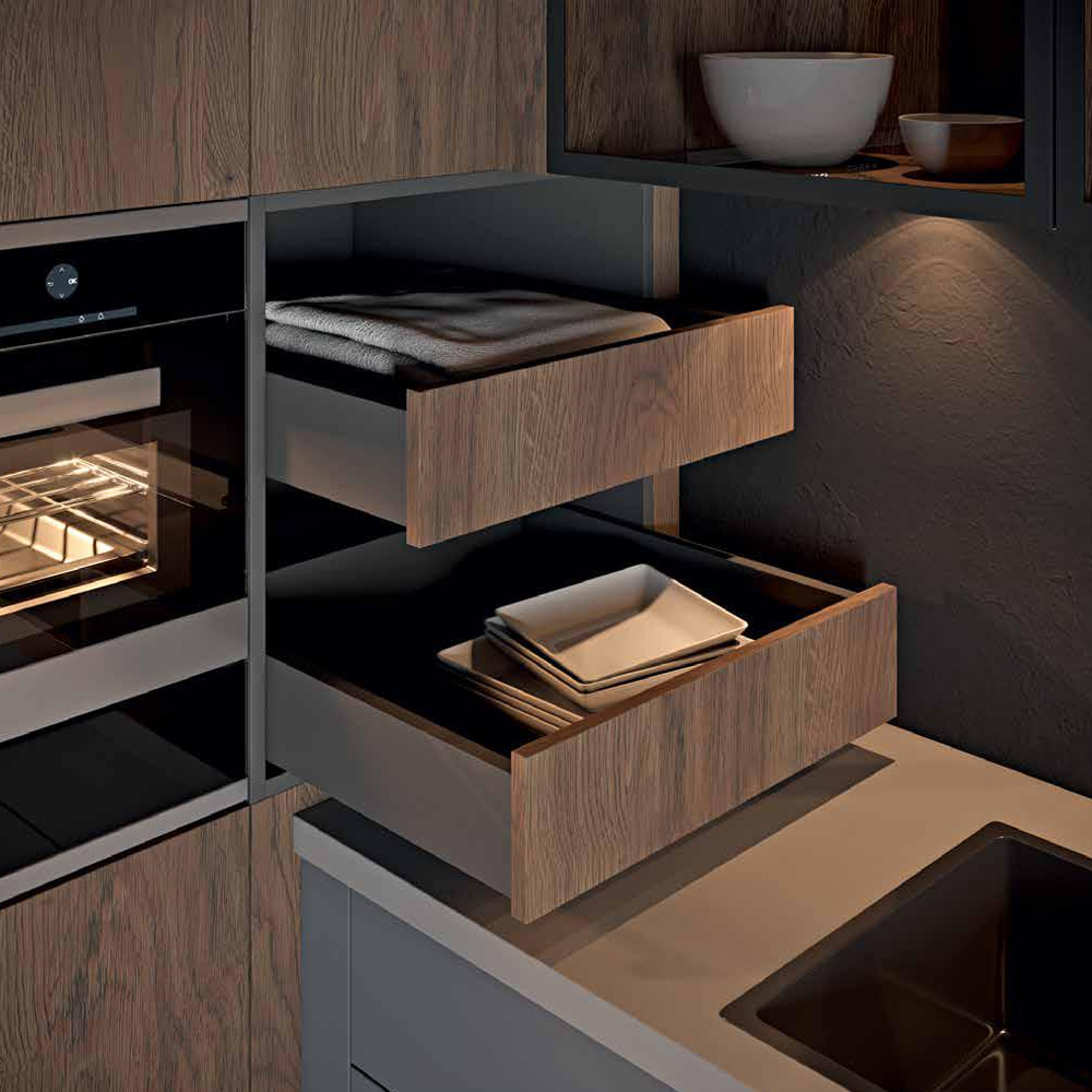 Комбинированный кухонный гарнитур сине-серого цвета с фасадом под дерево Benjamin Kitchen Set