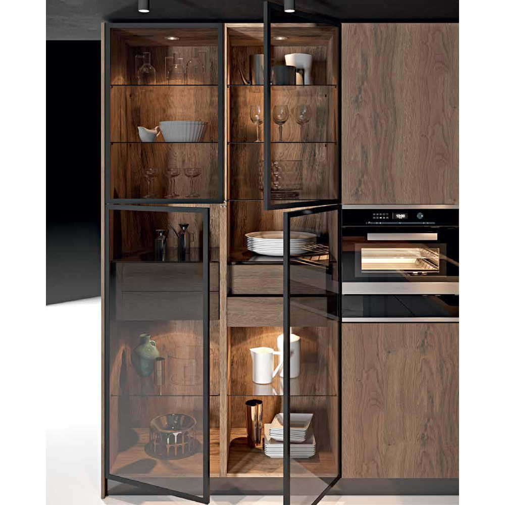 Комбинированный кухонный гарнитур сине-серого цвета с фасадом под дерево Benjamin Kitchen Set