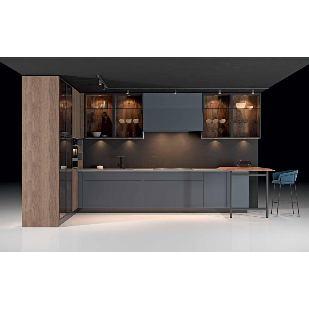 Комбинированный кухонный гарнитур сине-серого цвета с фасадом под дерево Benjamin Kitchen Set
