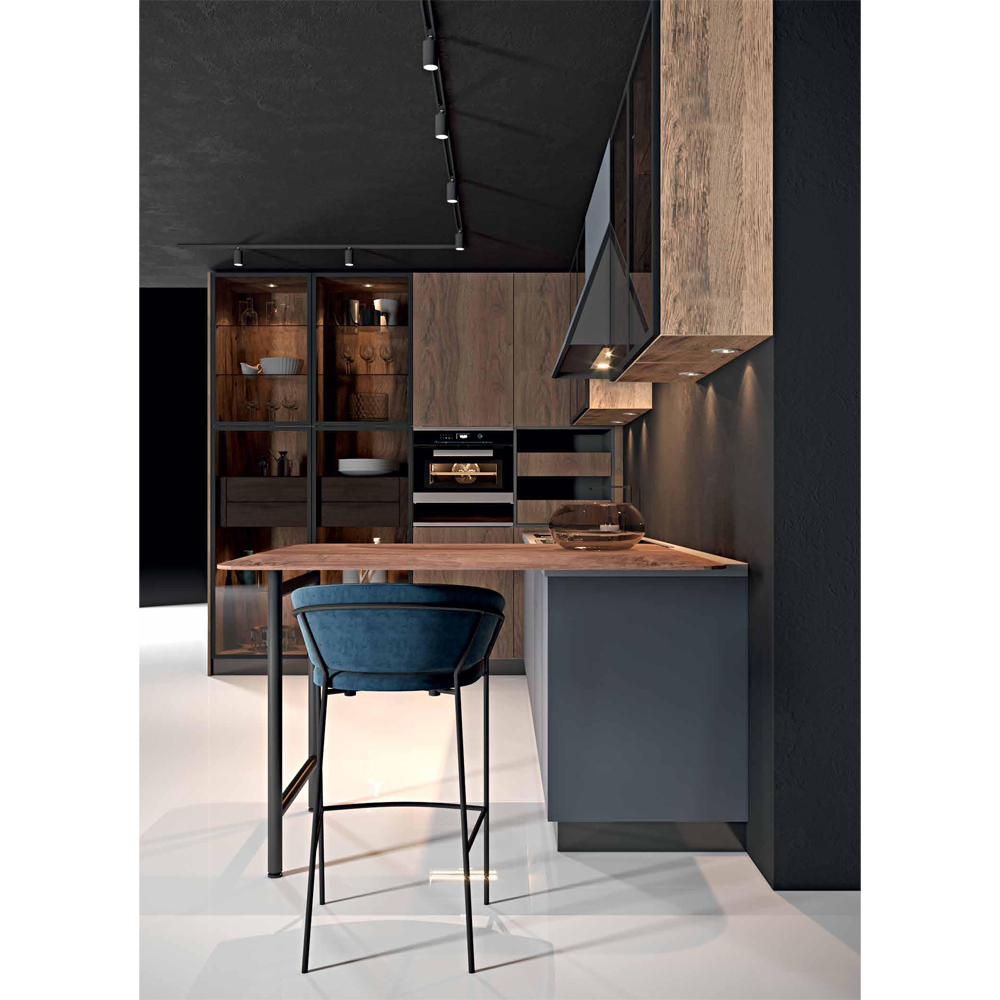 Комбинированный кухонный гарнитур сине-серого цвета с фасадом под дерево Benjamin Kitchen Set