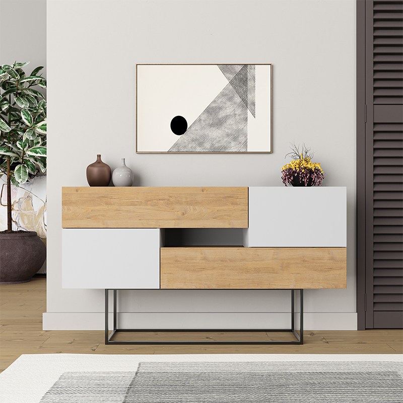 Комод c 2-мя белыми дверцами и 2-мя выдвижными ящиками цвета древесины EROS CONSOLE OAK WHITE