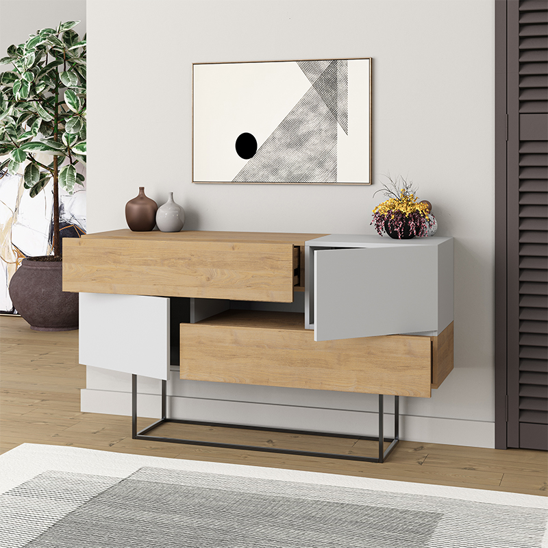 Комод c 2-мя белыми дверцами и 2-мя выдвижными ящиками цвета древесины EROS CONSOLE OAK WHITE