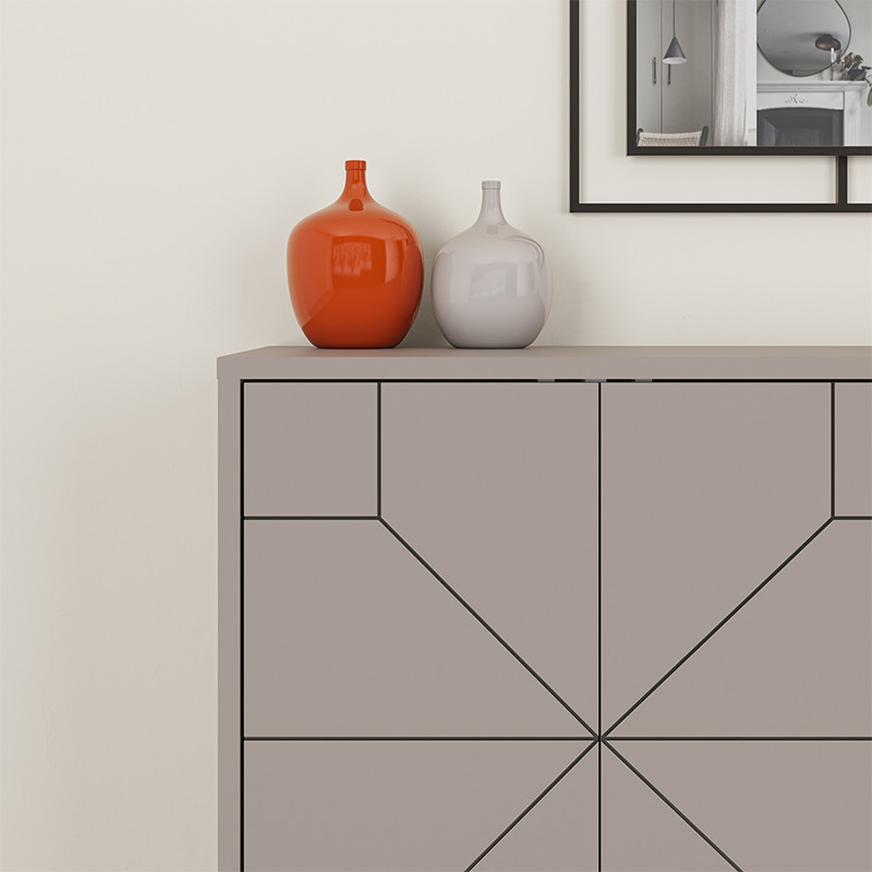 Комод бежево-серый с 4-мя дверцами с геометрическим рисунком на металлических ножках DUNE CONSOLE LIGHT MOCHA