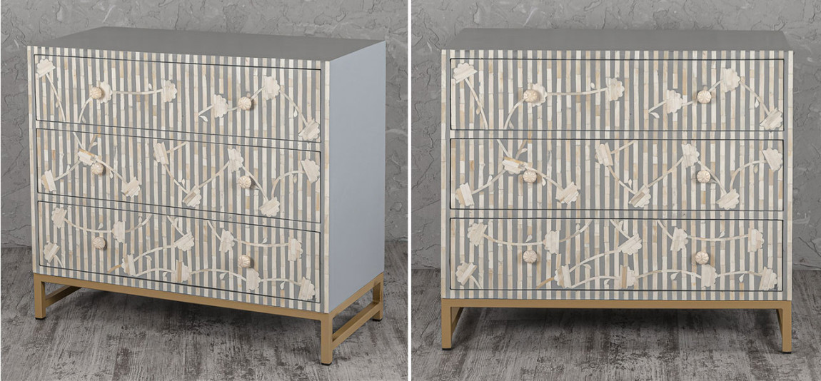 Комод белый инкрустация костью Gray Flowers