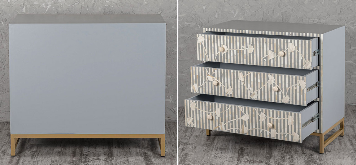 Комод белый инкрустация костью Gray Flowers