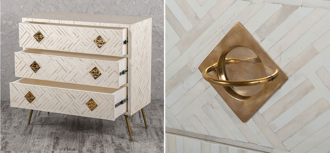 Комод белый инкрустация костью Rhombus White