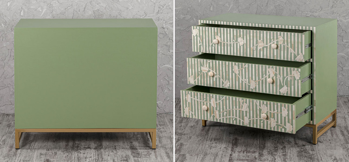 Комод зеленый инкрустация костью Green Flowers