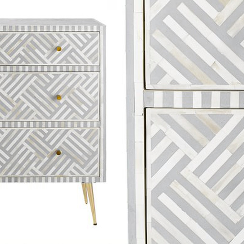 Комод инкрустация костью Gray Indian Bone Inlay 3 drawer Серый