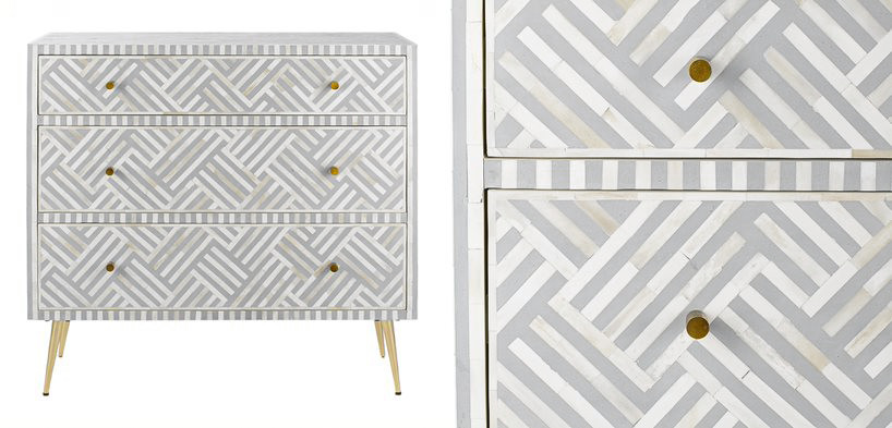 Комод инкрустация костью Gray Indian Bone Inlay 3 drawer Серый