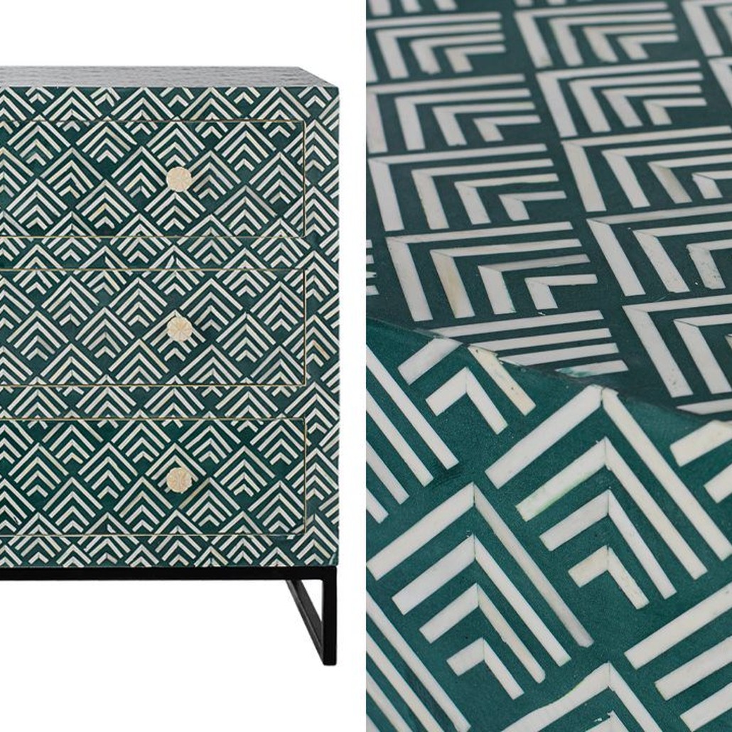 Комод инкрустация костью Green Indian Bone Inlay 3 drawer Зеленый