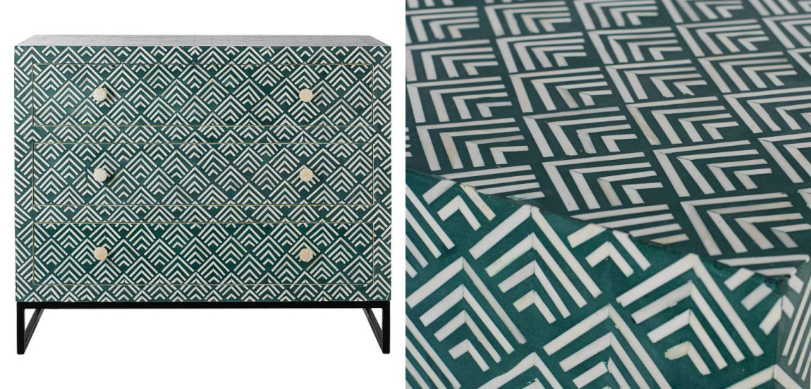 Комод инкрустация костью Green Indian Bone Inlay 3 drawer Зеленый