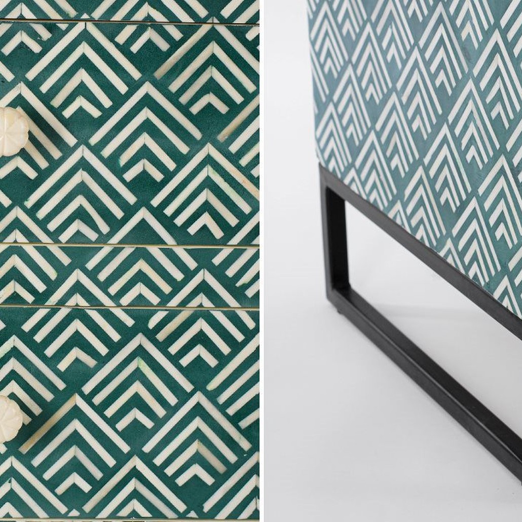 Комод инкрустация костью Green Indian Bone Inlay 3 drawer Зеленый