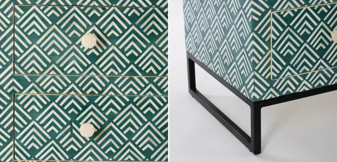 Комод инкрустация костью Green Indian Bone Inlay 3 drawer Зеленый
