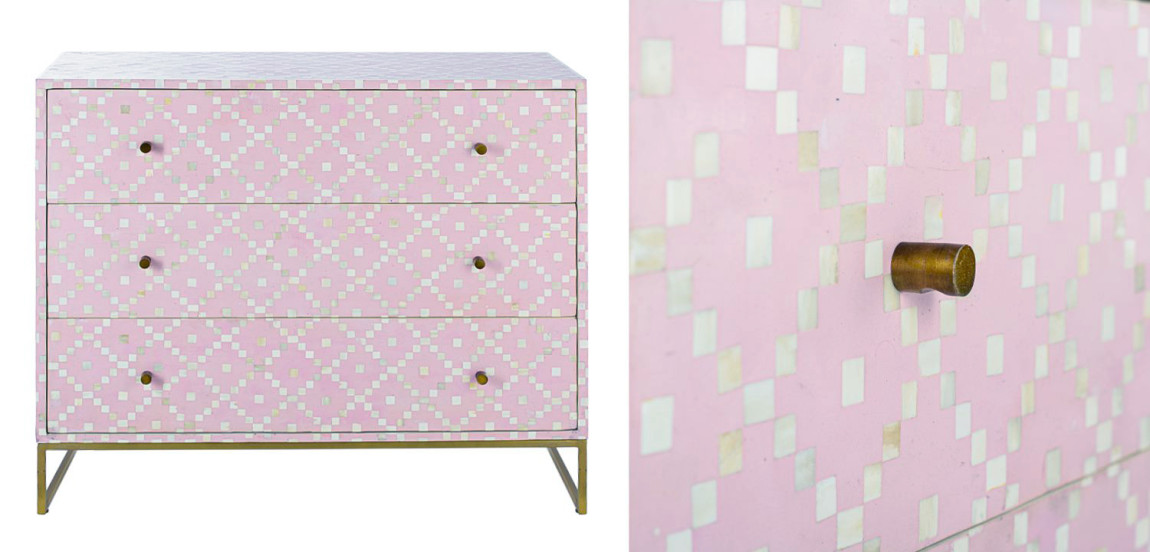 Комод инкрустация костью Pink Indian Bone Inlay 3 drawer Розовый