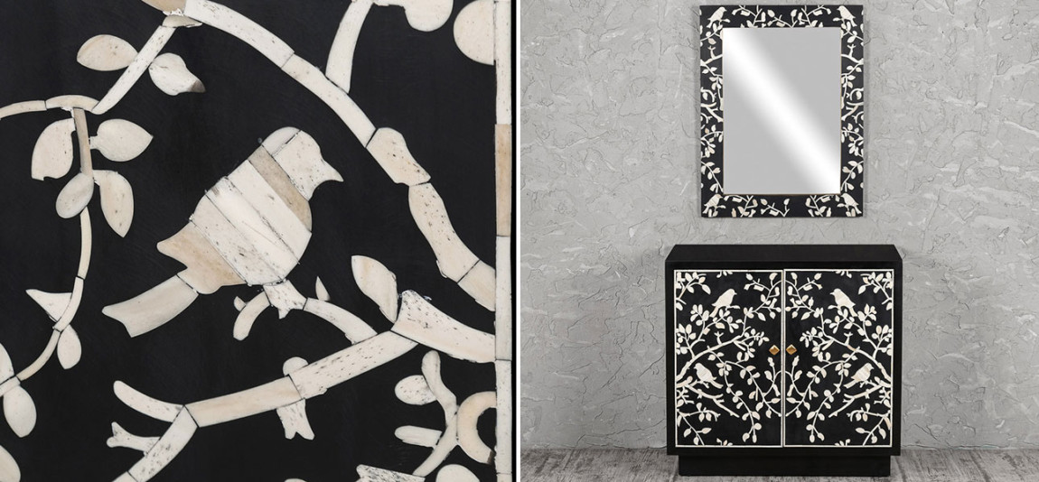 Комод инкрустация костью White bird on black