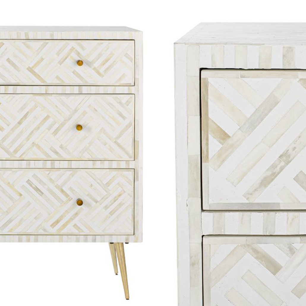 Комод инкрустация костью White Indian Bone Inlay 3 drawer Белый