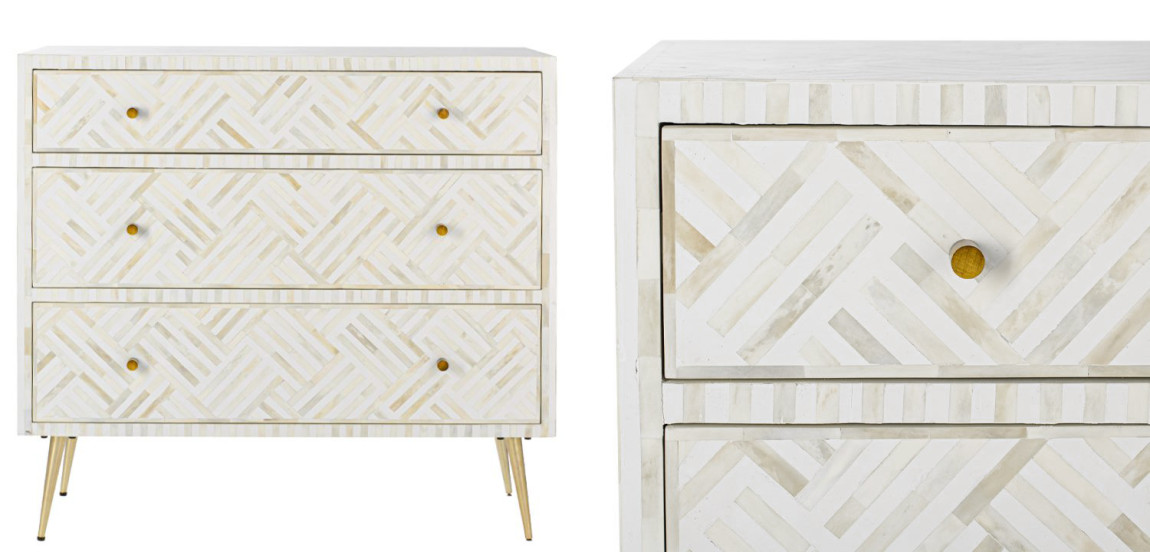 Комод инкрустация костью White Indian Bone Inlay 3 drawer Белый