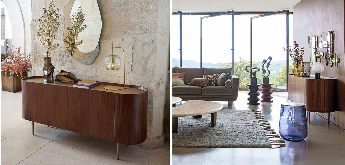 Комод округлой формы Walnut and Leather массив ореха и столешница из натуральной кожи