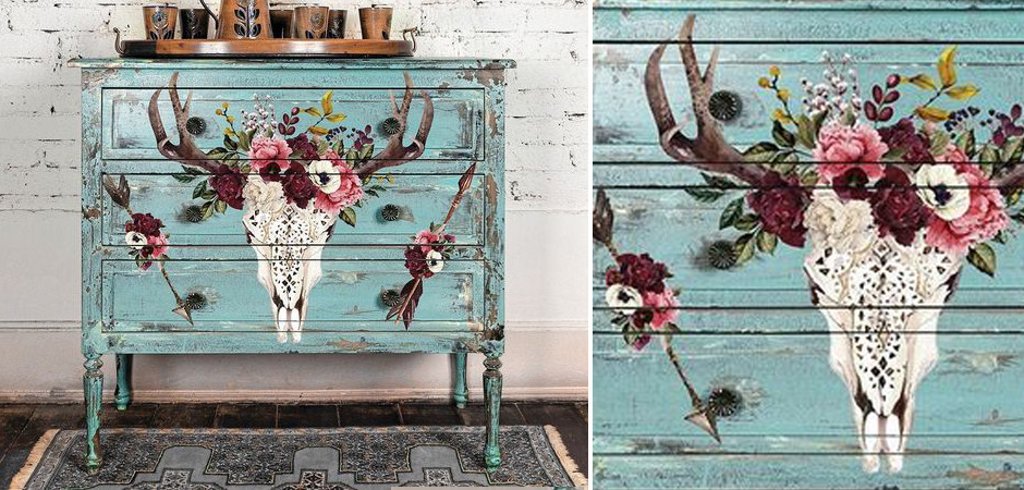 Комод Прованс Голубой роспись Череп Буйвола