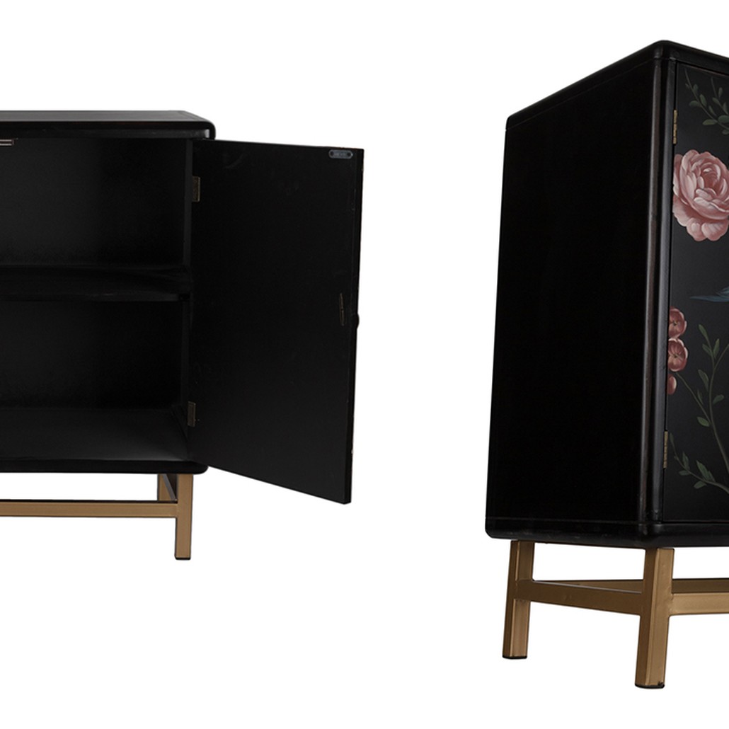 Комод с росписью птицы и цветы Black Chest Of Drawers Peonies Черный