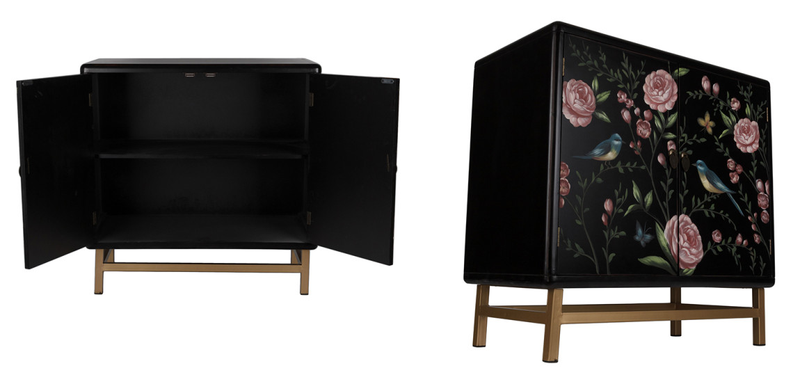 Комод с росписью птицы и цветы Black Chest Of Drawers Peonies Черный