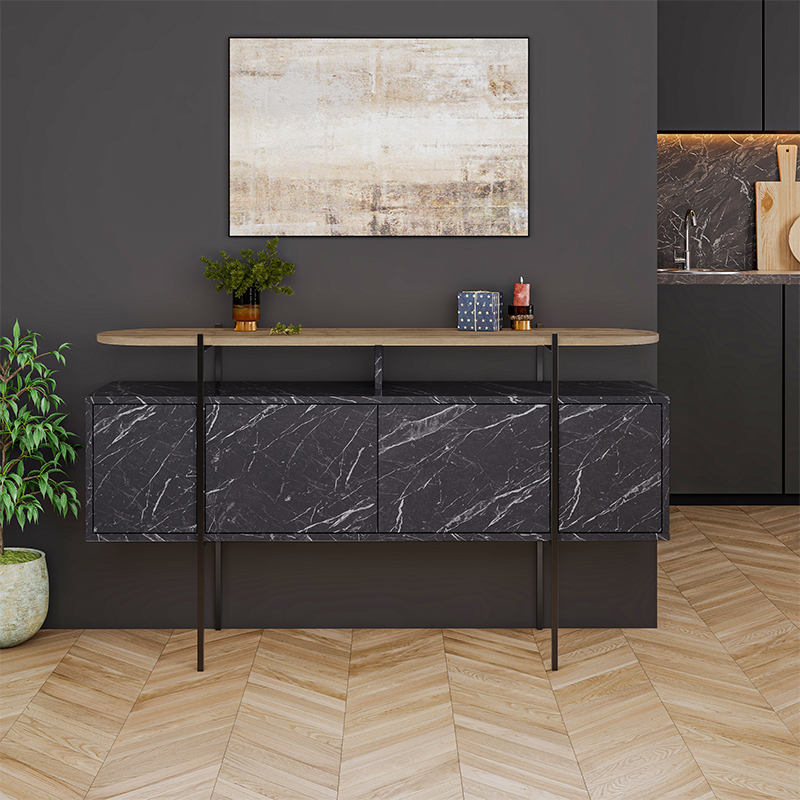 Комод с цветом фасада черный мрамор с деревянной столешницей на металлических ножках HANLEY CONSOLE HITIT BENDIR