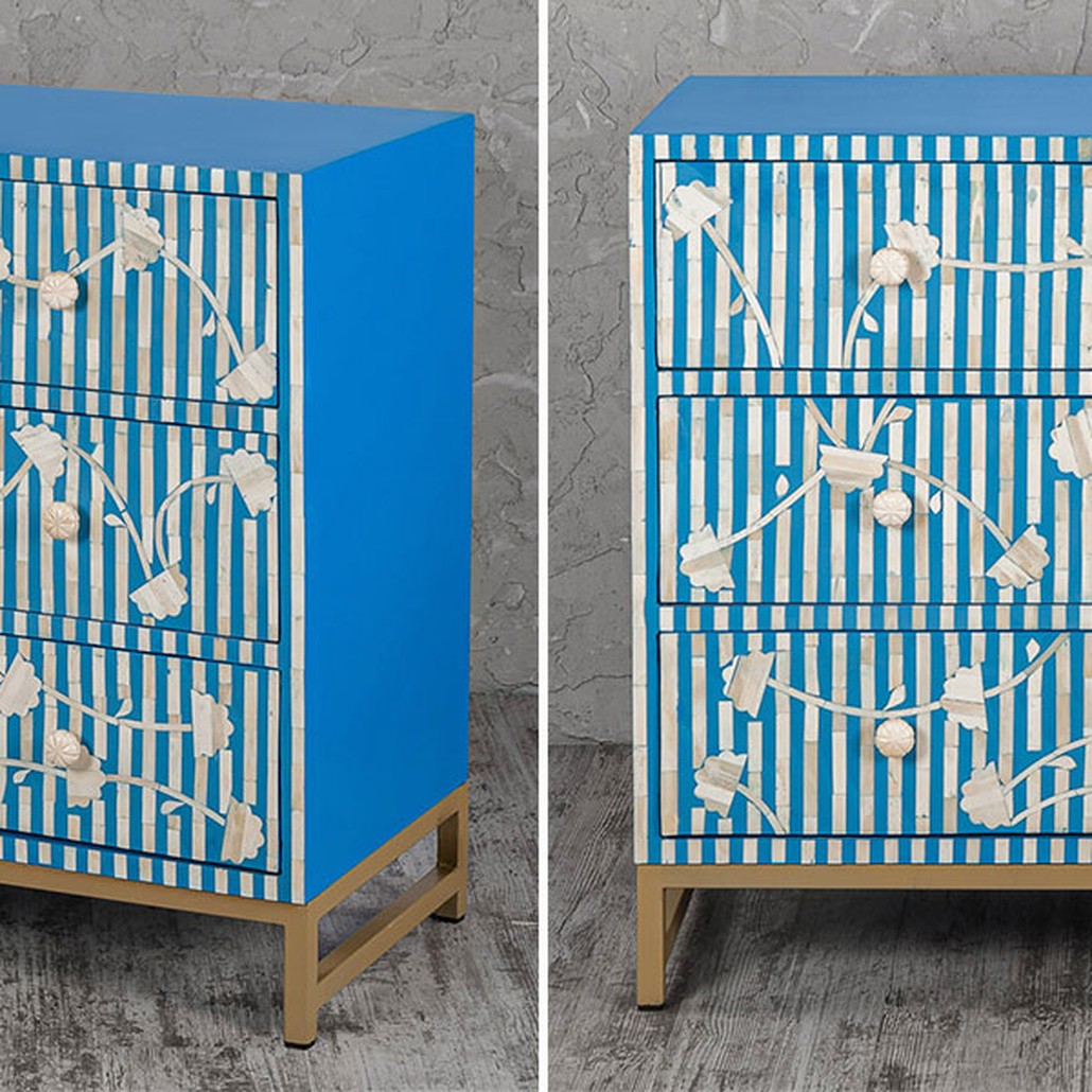 Комод синий инкрустация костью Blue Flowers