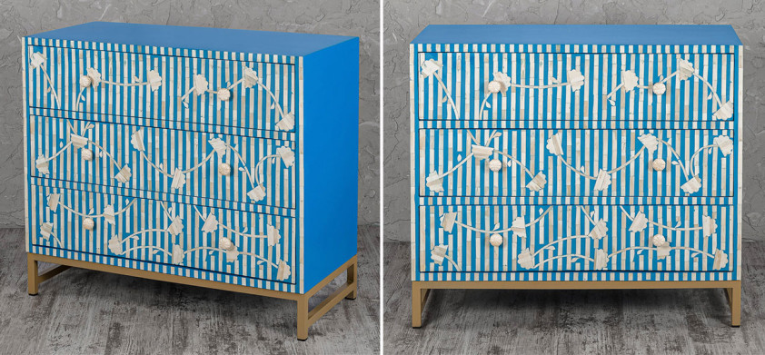 Комод синий инкрустация костью Blue Flowers