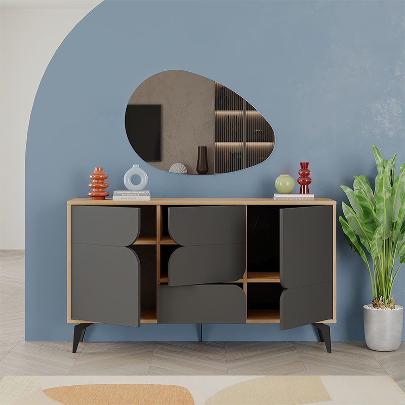 Комод цвета древесины с 3-мя дверцами и выдвижным ящиком темно-серого цвета SPARK CONSOLE OAK ANTHRACITE