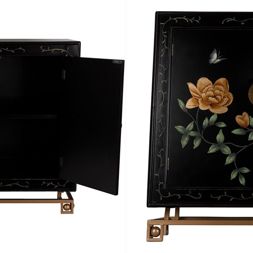 Комод черный с дверцами Розовый куст Chinese Rose on Black