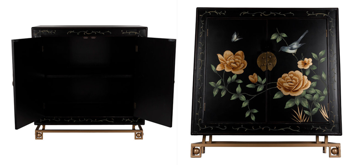 Комод черный с дверцами Розовый куст Chinese Rose on Black