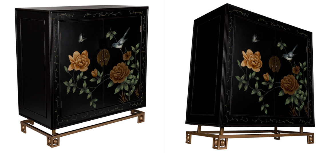 Комод черный с дверцами Розовый куст Chinese Rose on Black