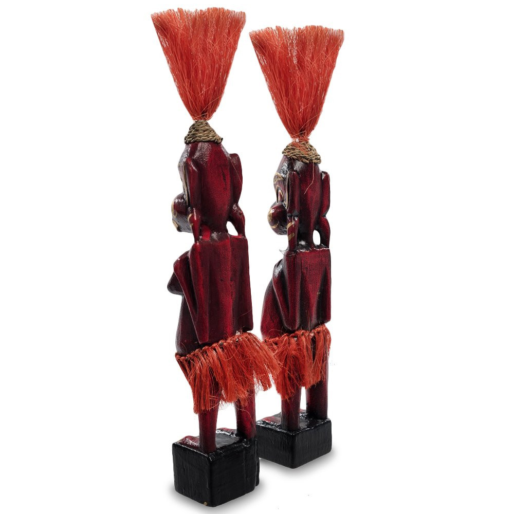 Комплект из 2-х деревянных статуэток Asmat Red Straw Headdress Statuettes Red Gold