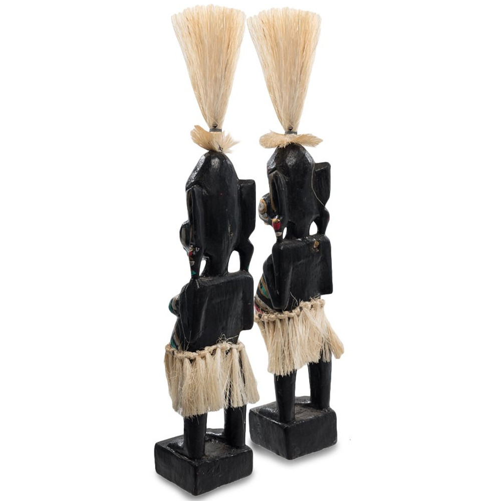 Комплект из 2-х деревянных статуэток Asmat Straw Headdress Statuettes Black Colorful Tattoo