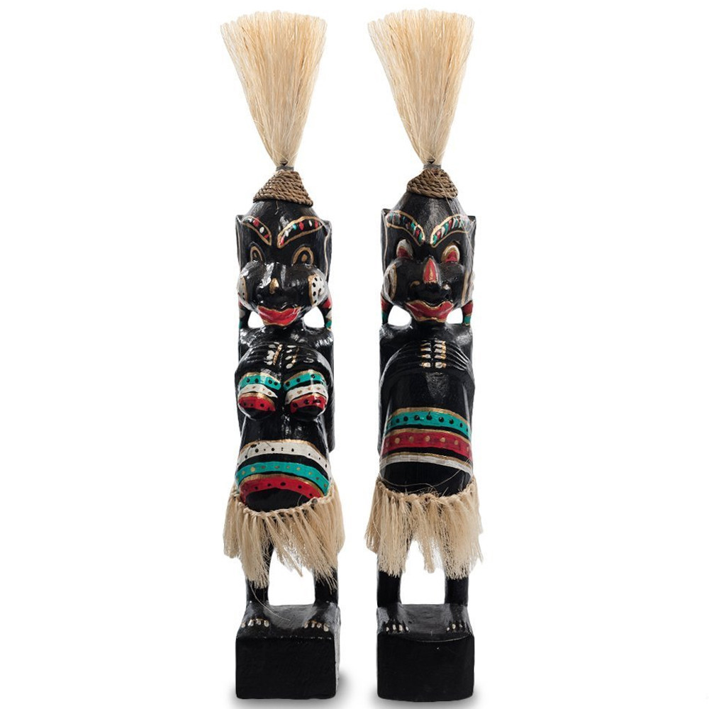 Комплект из 2-х деревянных статуэток Asmat Straw Headdress Statuettes Black Colorful Tattoo