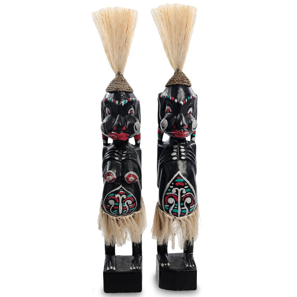 Комплект из 2-х деревянных статуэток Asmat Straw Headdress Statuettes Black Turquoise