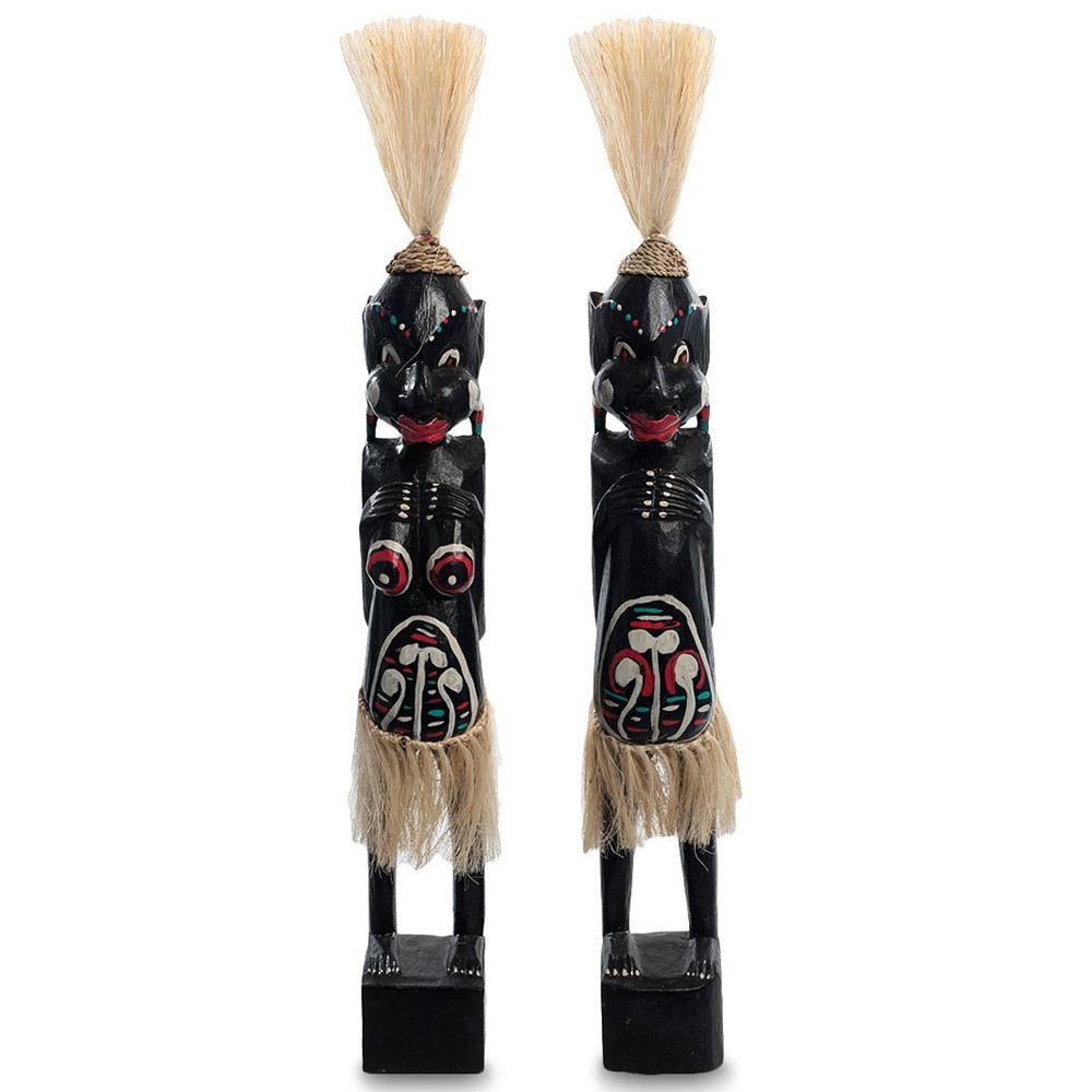 Комплект из 2-х деревянных статуэток Asmat Straw Headdress Statuettes Black Turquoise