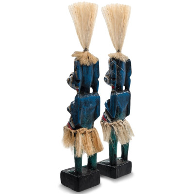 Комплект из 2-х деревянных статуэток Asmat Straw Headdress Statuettes Blue Colorful Tattoo