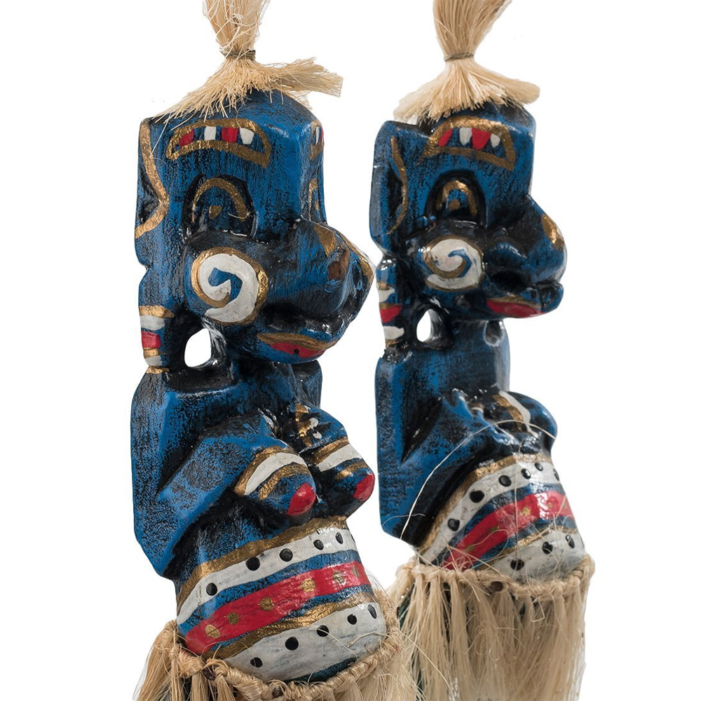 Комплект из 2-х деревянных статуэток Asmat Straw Headdress Statuettes Blue Colorful Tattoo