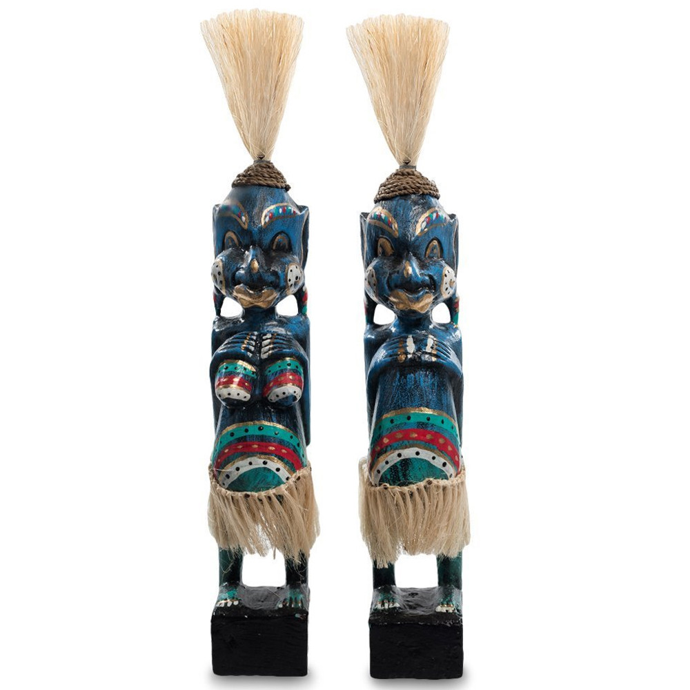 Комплект из 2-х деревянных статуэток Asmat Straw Headdress Statuettes Blue Colorful Tattoo