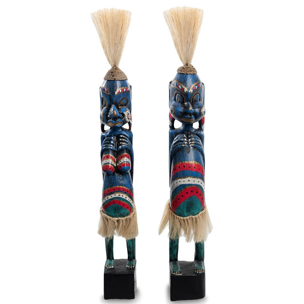 Комплект из 2-х деревянных статуэток Asmat Straw Headdress Statuettes Blue Colorful Tattoo