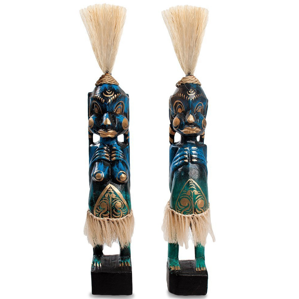 Комплект из 2-х деревянных статуэток Asmat Straw Headdress Statuettes Blue Tattoo