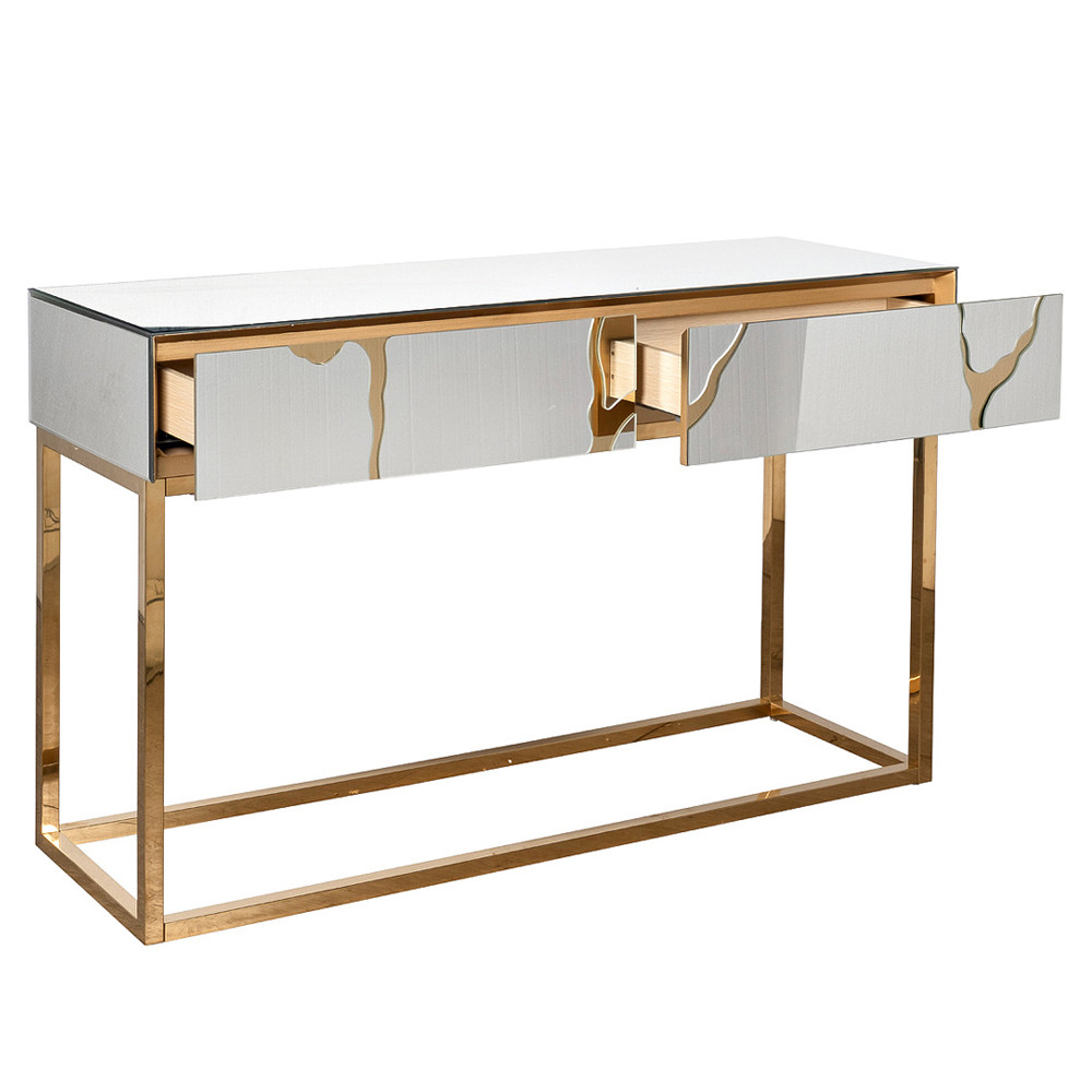 Консоль с ящиками зеркальная с золотым декором Gold Painted Mirror Console